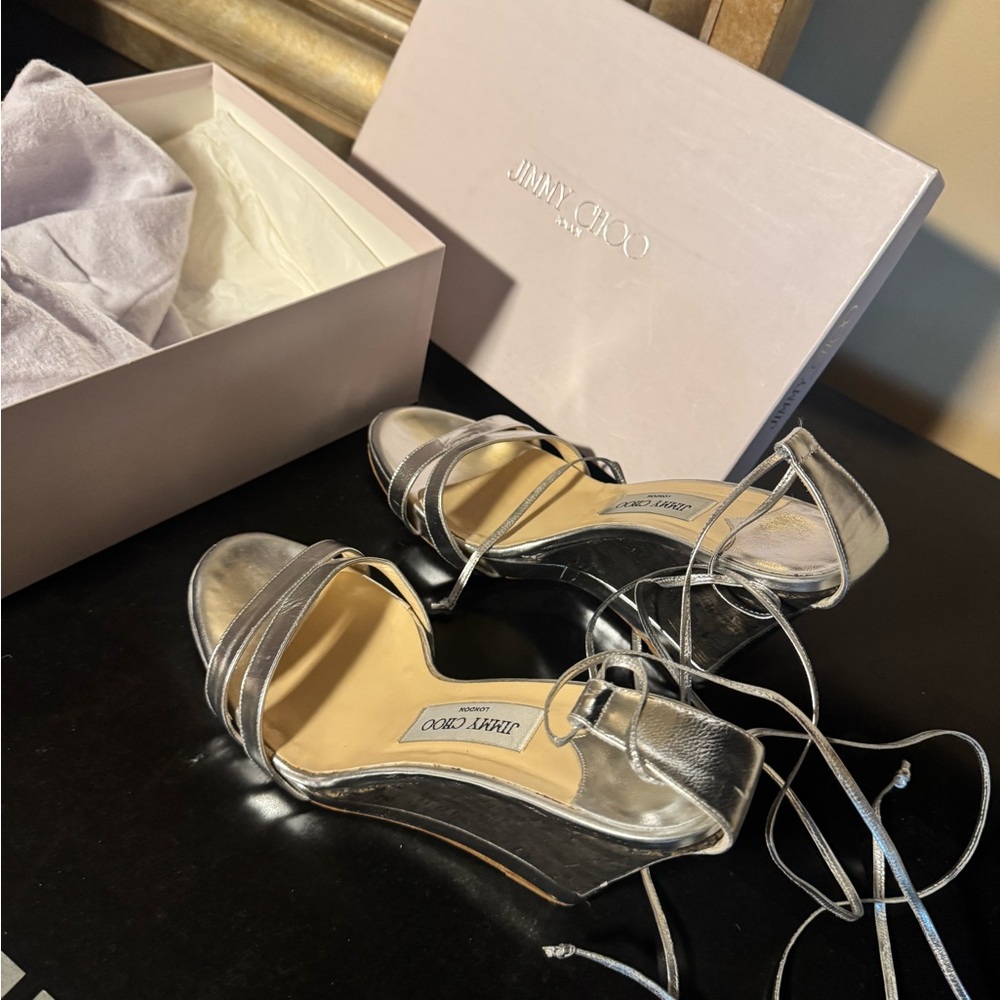 Jimmy Choo Metallic Nappa Silver Wedge Sandals